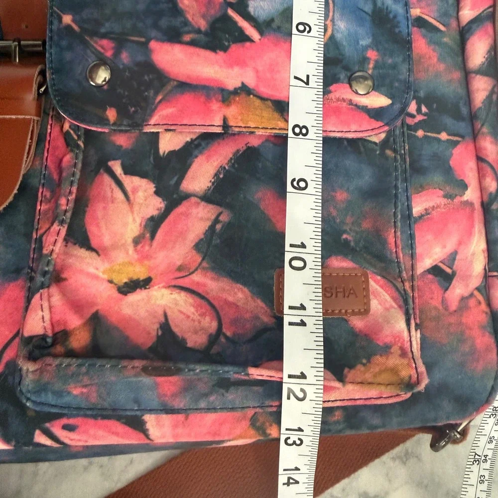 Baosha‎ Laptop Bag OS Pink Navy Floral Canvas Messenger Crossbody Briefcase